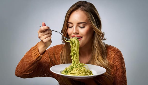 pretty young woman eating spaghetti al pesto, AI generated image