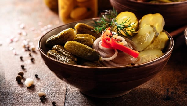 dish of pickles pub food, AI generated image