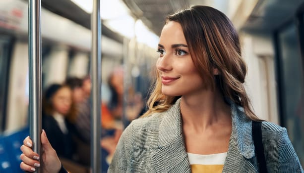 gorgeous young woman on subway train, AI generated image