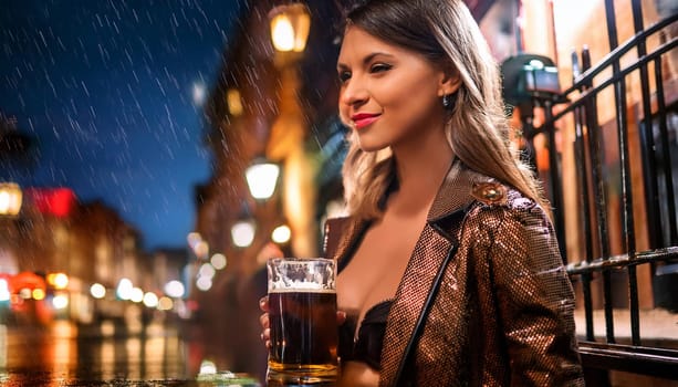 gorgeous young woman drinking beer in the rain outside pub, AI generated image