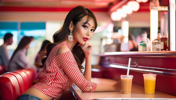 gorgeous woman at american diner bar, AI generated image