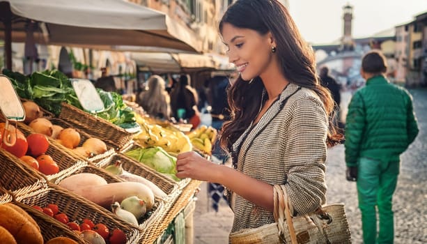 woman shopping at food market place, AI generated image