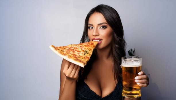 gorgeous young woman eating pizza and drinking beer, AI generated image
