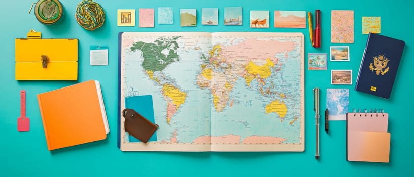 A world map laid out with travel essentials like notebooks and passport, ideal for planning adventures.