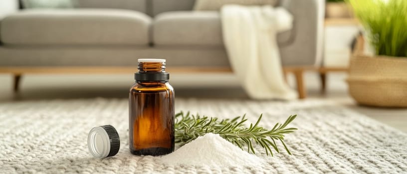 An essential oil bottle with rosemary on a soft rug, creating a soothing aromatherapy environment in the living room.