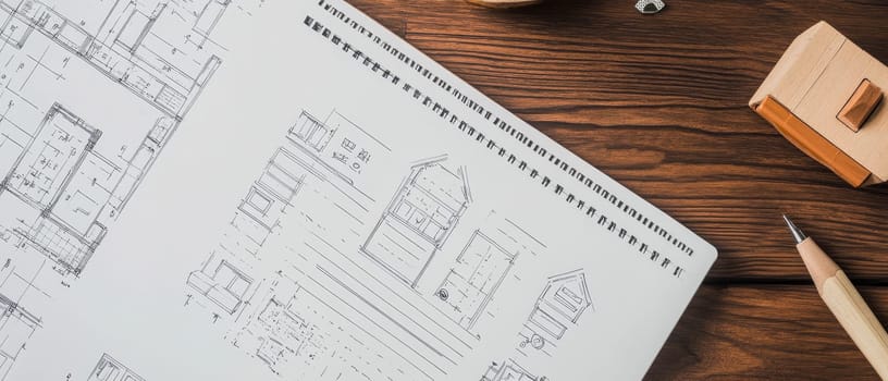 Detailed architectural blueprints spread on a wooden table with a pencil and miniature house model..