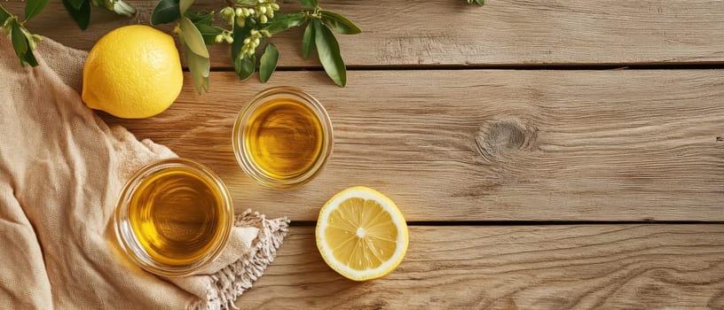 A lemon and jars of olive oil on a wooden surface, with greenery creating a rustic feel.