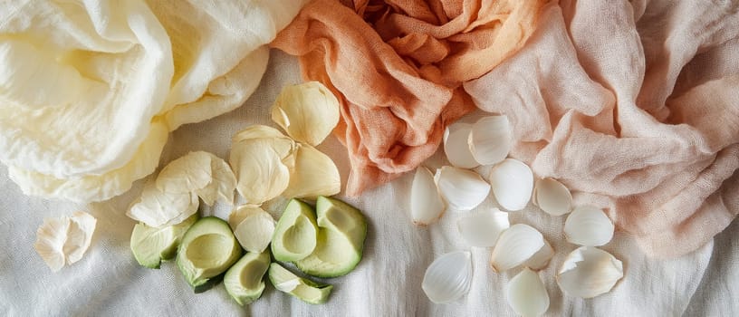 Soft textiles with avocado slices and flower petals create a harmonious blend of natural textures and colors.