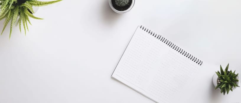 A minimalistic desk setup with a spiral notebook and potted plants, offering ample copy space for creative work.