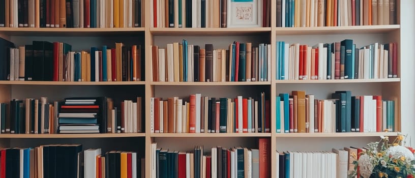 A variety of colorful books lined up on wooden shelves, creating a vibrant library atmosphere.
