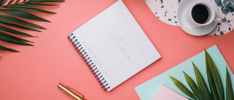 Open spiral notebook with coffee cup and pen on a coral desk, accented by palm leaves.