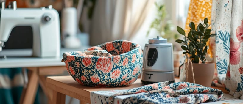 A cozy sewing workspace featuring a sewing machine, fabric, and plants, creating a warm atmosphere.