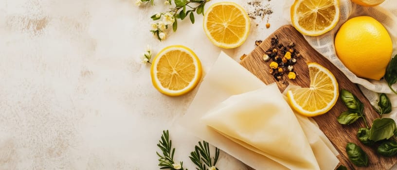 A fresh arrangement of citrus slices and herbs on a wooden board, ideal for culinary inspiration.