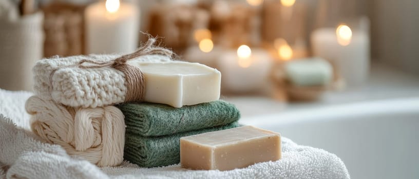 A selection of handmade soaps and soft towels, surrounded by candles, creating a calming spa atmosphere.
