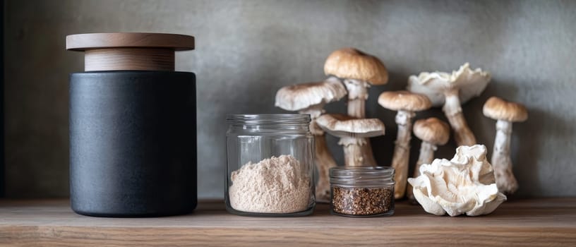 A selection of gourmet mushrooms with spices in jars, creating an earthy and rich culinary display.