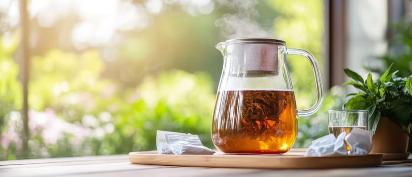 A steaming glass teapot filled with tea, set in a lush garden, creating a relaxing outdoor ambiance.