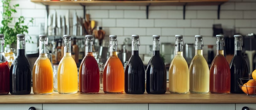 A variety of bottled beverages neatly arranged on a wooden countertop in a home kitchen setting.