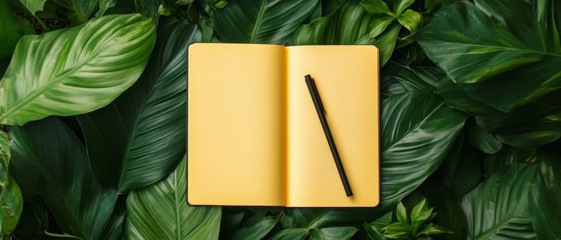 A vibrant yellow notebook with a pen, set against lush green leaves, perfect for creative inspiration.