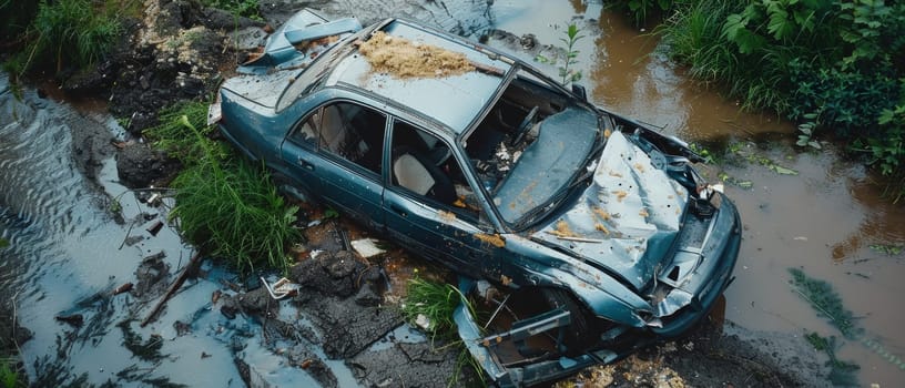 An old rusted car wreck sits forgotten in a field overgrown with weeds and wildflowers
