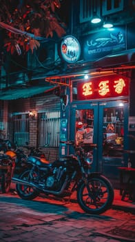 Nighttime street scene with a vintage bar, neon signs, and motorcycles parked outside, creating a retro urban atmosphere.