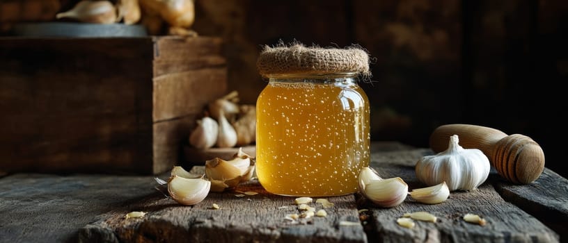 A jar of honey with garlic cloves on a rustic wooden table, ideal for natural remedies and culinary uses.