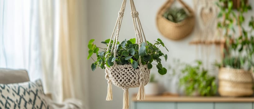 A stylish macrame plant holder with lush green foliage, enhancing the cozy home interior.