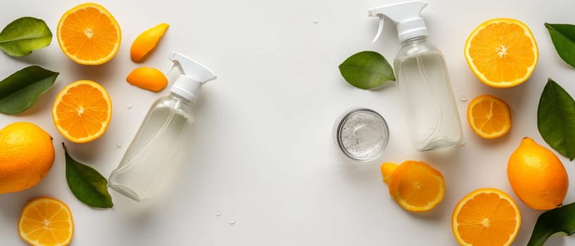 Fresh citrus fruits with a natural cleaning spray on a light background, promoting eco friendly cleaning solutions.