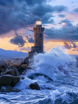 In the embrace of a stormy sky, the lighthouse stands as a nautical beacon, its light piercing through the tumult of surging waves.