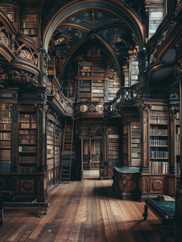 The rich, dark wood paneling of this library exudes a gothic atmosphere, enhanced by ornate carvings and a classic design aesthetic.
