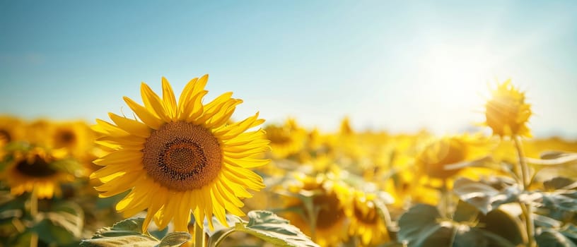 An expansive field of blooming sunflowers stretches towards the horizon under a brilliant blue sky, embodying the essence of a perfect summer day.