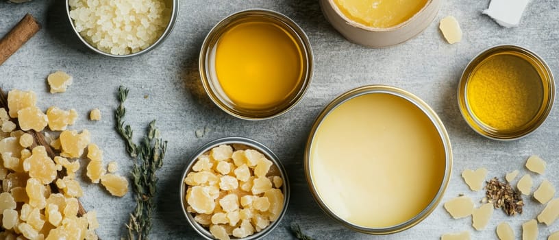 A flat lay of natural wax and oils with herbs on a textured surface, ideal for DIY skincare.