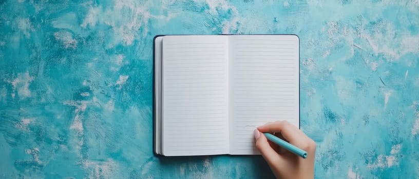 A hand holding a pen, writing in a lined notebook on a vibrant blue background, with copy space..