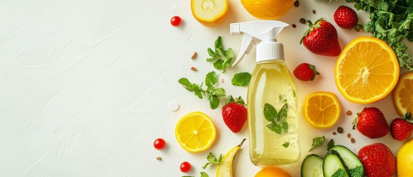 A spray bottle with fresh fruits and herbs on a textured white background, offering a natural vibe.
