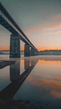 Under the twilight sky, the architectural symmetry of a modern bridge reflects on the water surface, creating a scene of quiet contemplation