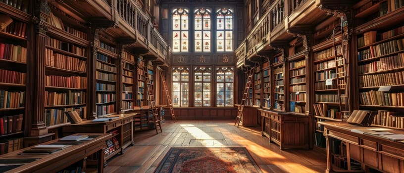 An opulent library interior, featuring towering wooden shelves filled with books, accessed by tall ladders under a vaulted ceiling.