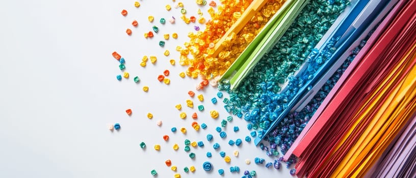 Assorted colorful craft materials on a white surface, offering creative possibilities with copy space.
