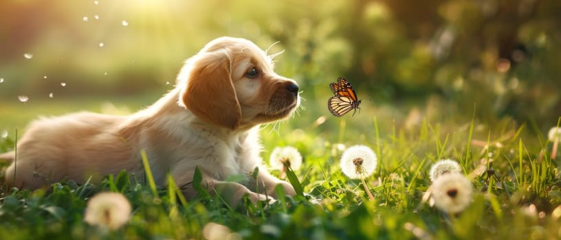 A curious puppy, possibly a Cocker Spaniel or a mix, fixates on a colorful butterfly perched on a fuzzy dandelion seed head