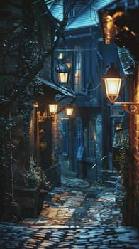 A historic alleyway bathed in the warm glow of street lamps, with cobblestone paving leading through the old town at dusk