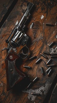 A classic revolver with scattered bullets on an old wooden table, evoking a western theme