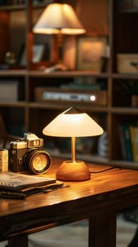 Inviting home office setup featuring a warm desk lamp, potted plant, and vintage camera on a wooden table