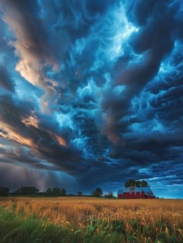 A surreal sky with swirling cloud formations dominates the view above a farmhouse surrounded by golden fields