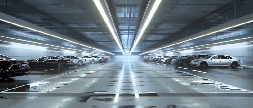 A well-lit underground parking garage with rows of parked cars in various colors