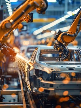 Robotic arms working on the assembly of a car's frame, with sparks flying as they weld together metal parts