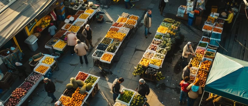 The hustle of an urban market is vivid in this high-angle photo, featuring people amidst stalls of colorful fruits and vegetables