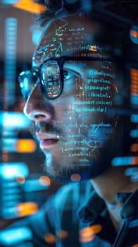 A male data engineer intently analyzing code with a futuristic holographic data overlay across his face