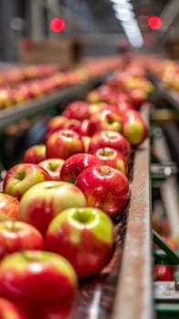 A focused image of vibrant, freshly-picked apples traveling on a conveyor belt, indicative of efficient farming and food processing methods