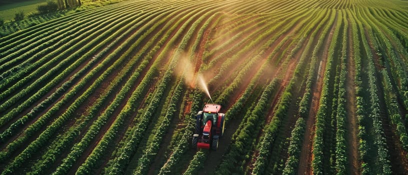 Tractor spraying pesticides over a vast field of crops, captured from an aerial perspective during golden hour, highlighting agricultural practices