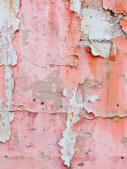 A vertical snapshot of a dilapidated pink wall, focusing on the contrasts between the paint layers and exposed concrete
