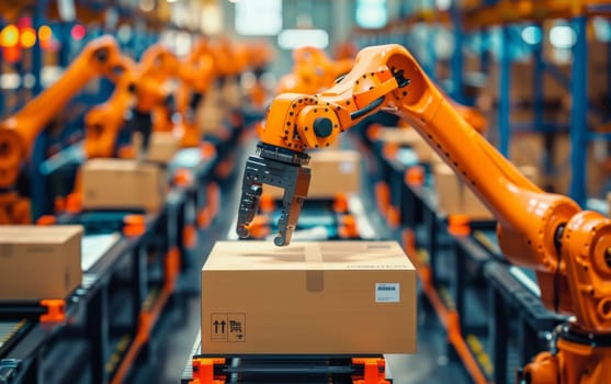 Robotic arms on a conveyor belt efficiently sorting and packaging boxes, exemplifying automation in logistics and distribution