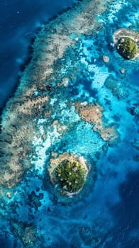 The aerial perspective offers a mesmerizing view of foamy waves crashing against the vivid coral reefs, contrasting with the deep blue of the open ocean